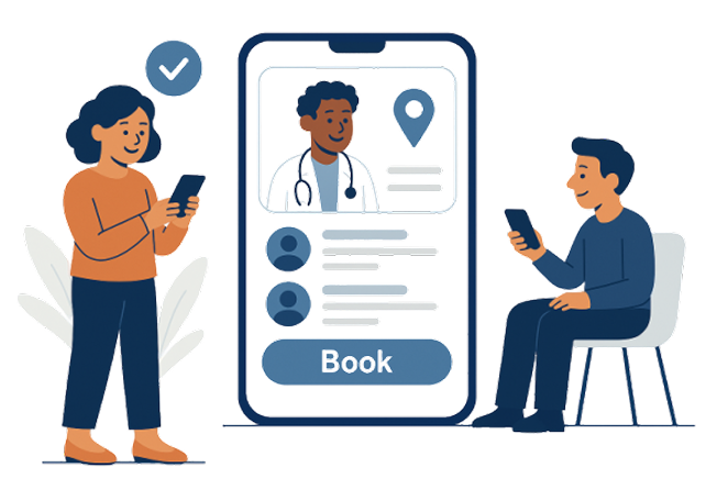 Illustration showing patients booking appointments on a large phone screen