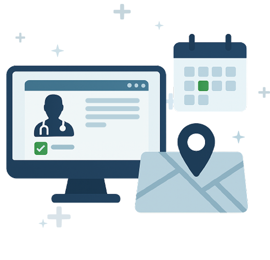 Illustration showing desktop computer with patient profile and map pin
