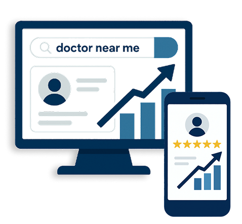 SEO illustration showing search results and growth chart