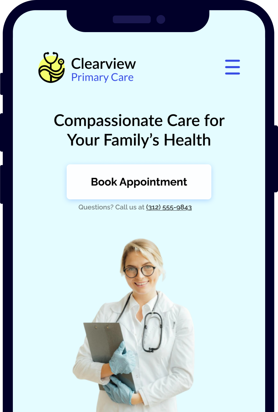 Mobile phone mockup showing a medical practice website